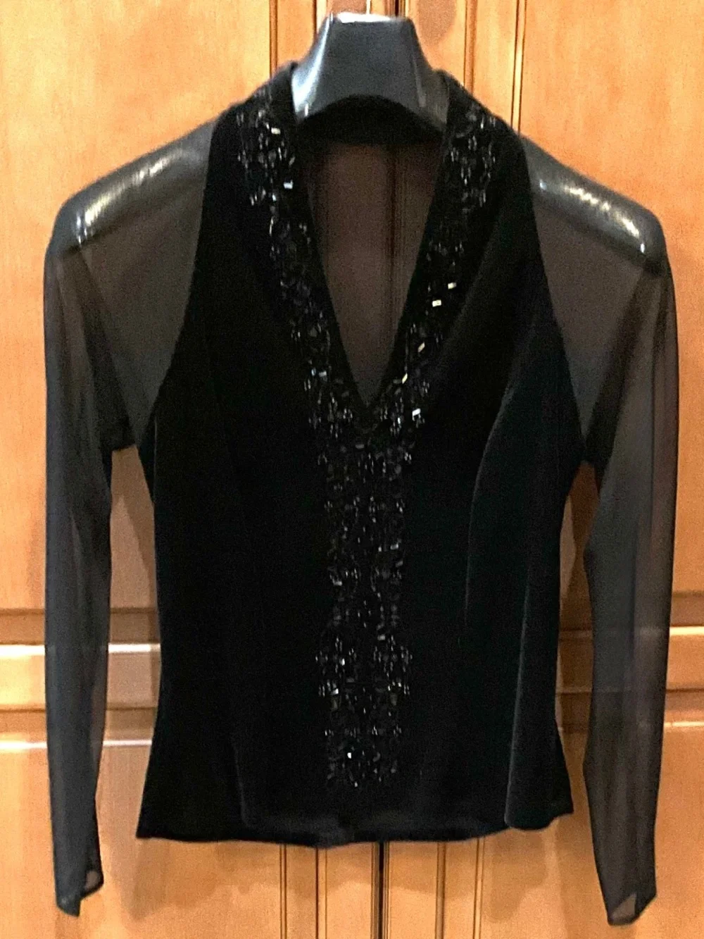 Dress Barn Black Embellished Velvet & Sheer Arms Top Sz 10 (check measurements)